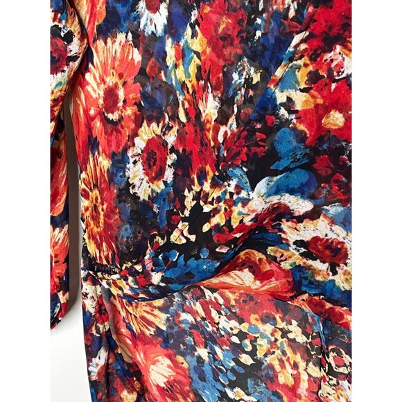 WAYF Sheer Floral Blouse XS Orange Blue Long Sleeve Boho Office Top - Picture 5 of 12